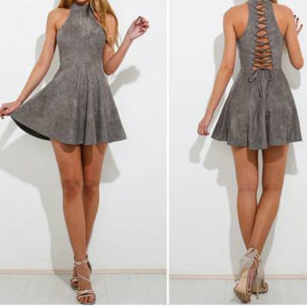Grey Faux Suede Lace Up Short Dress